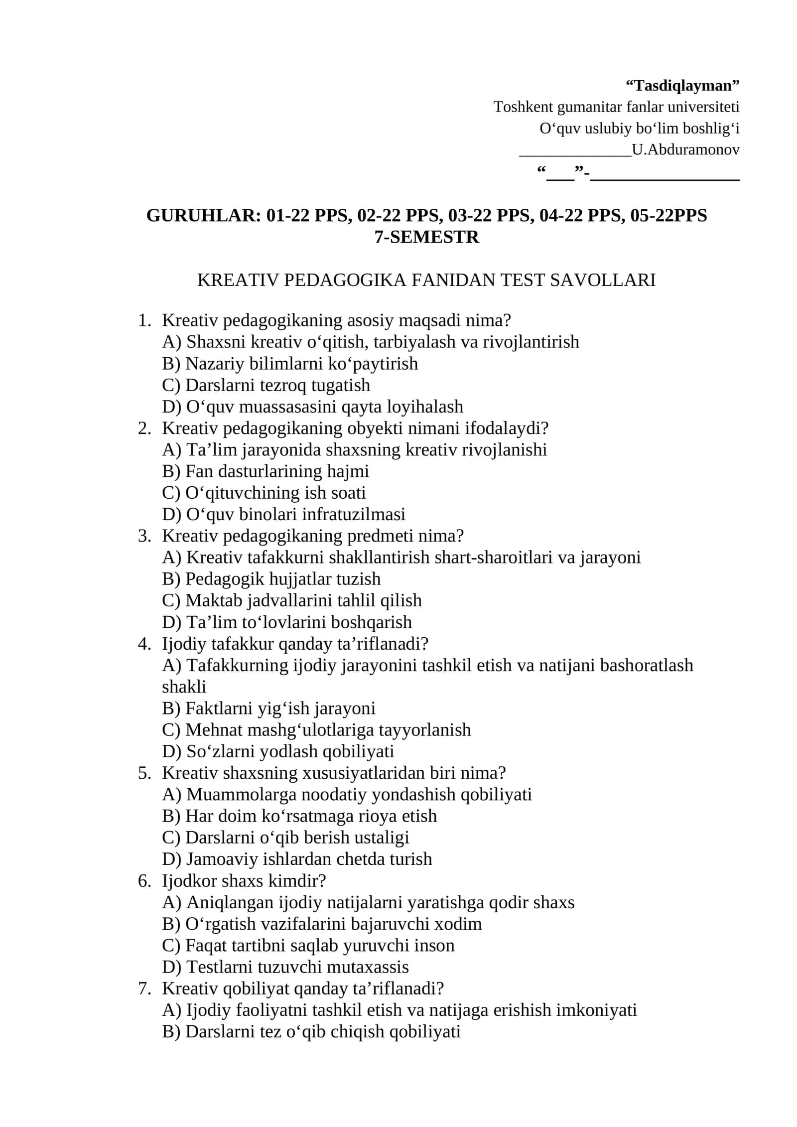 Kreativ pedagogika fanidan test savollari