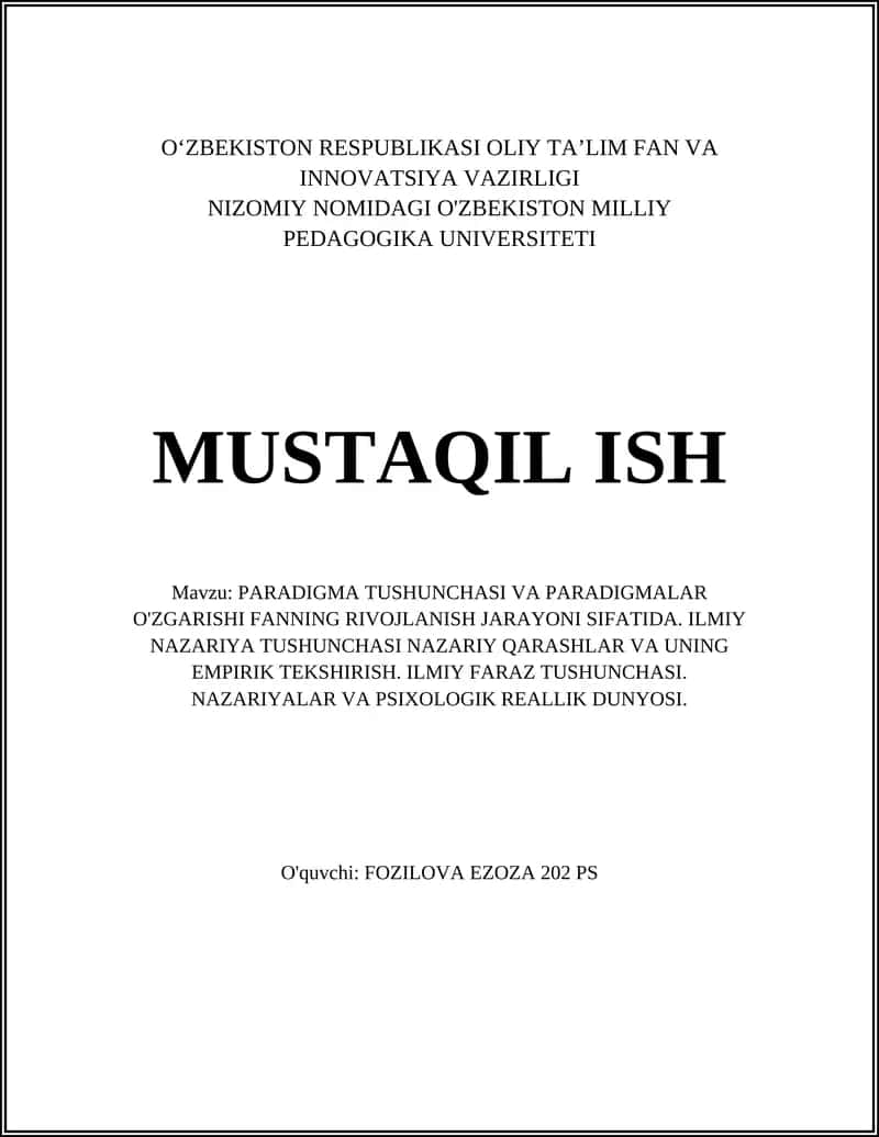PARADIGMA TUSHUNCHASI VA PARADIGMALAR O'ZGARISHI FANNING RIVOJLANISH JARAYONI SIFATIDA