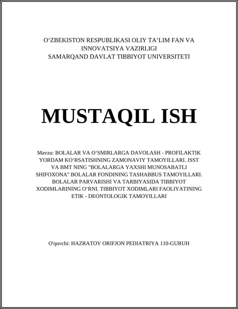 BOLALAR VA OʻSMIRLARGA DAVOLASH - PROFILAKTIK YORDAM KOʻRSATISHNING ZAMONAVIY TAMOYILLARI