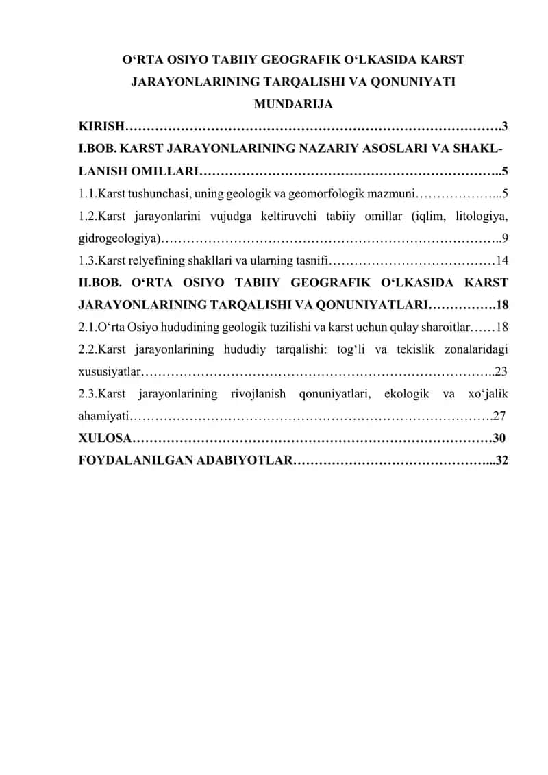 O‘RTA OSIYO TABIIY GEOGRAFIK O‘LKASIDA KARST JARAYONLARINING TARQALISHI VA QONUNIYATI