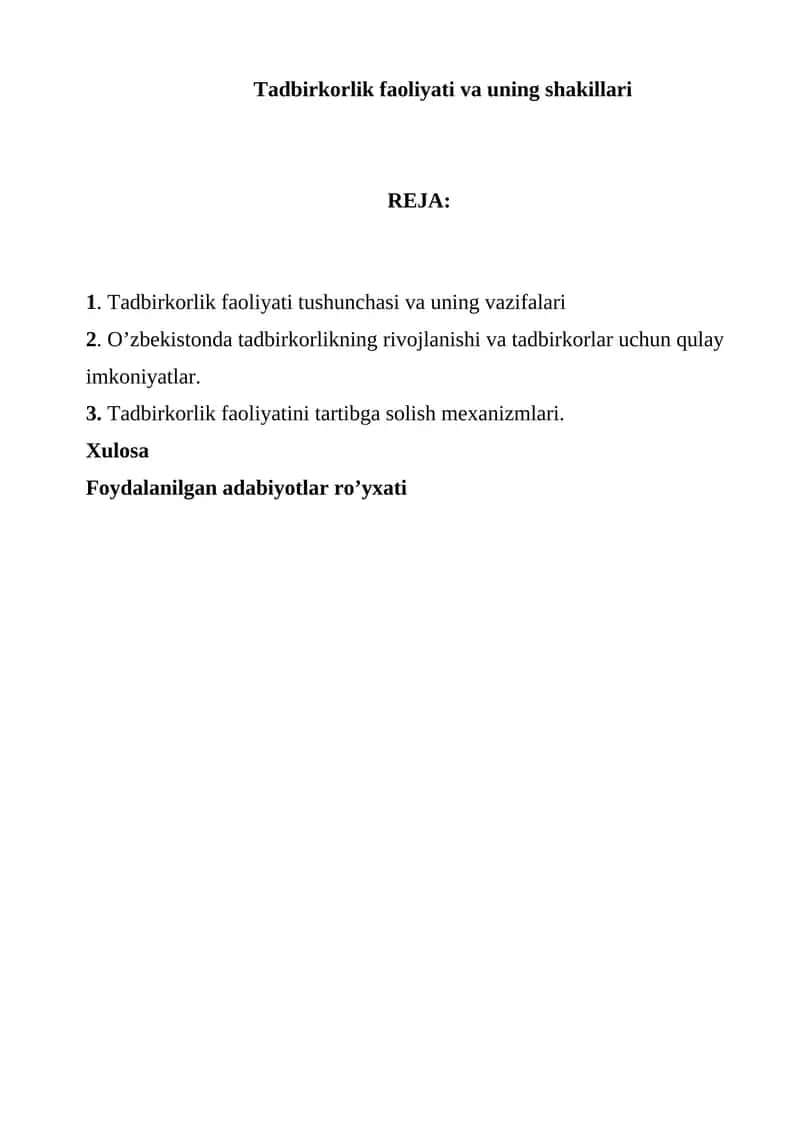Tadbirkorlik faoliyati va uning shakillari