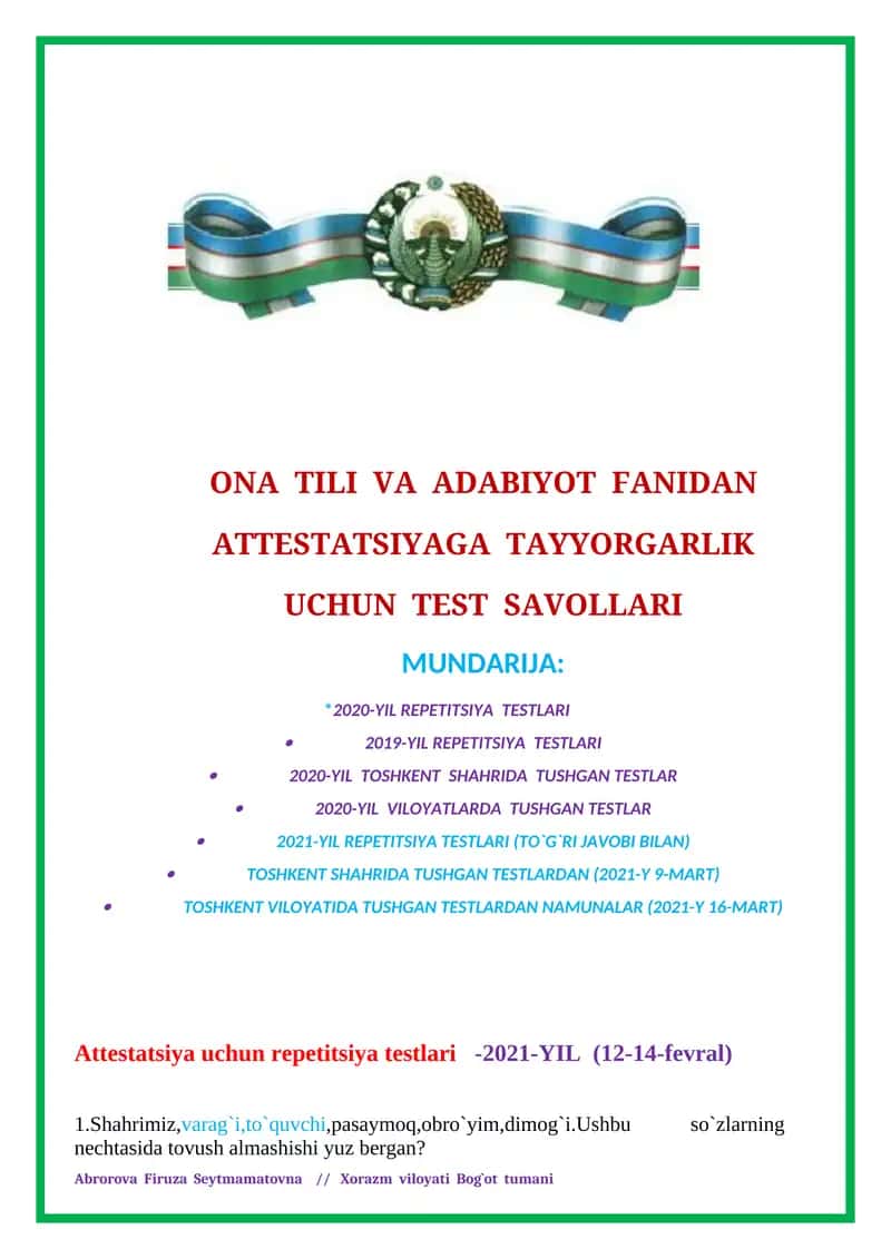ONA TILI VA ADABIYOT FANIDAN ATTESTATSIYAGA TAYYORGARLIK UCHUN TEST SAVOLLARI