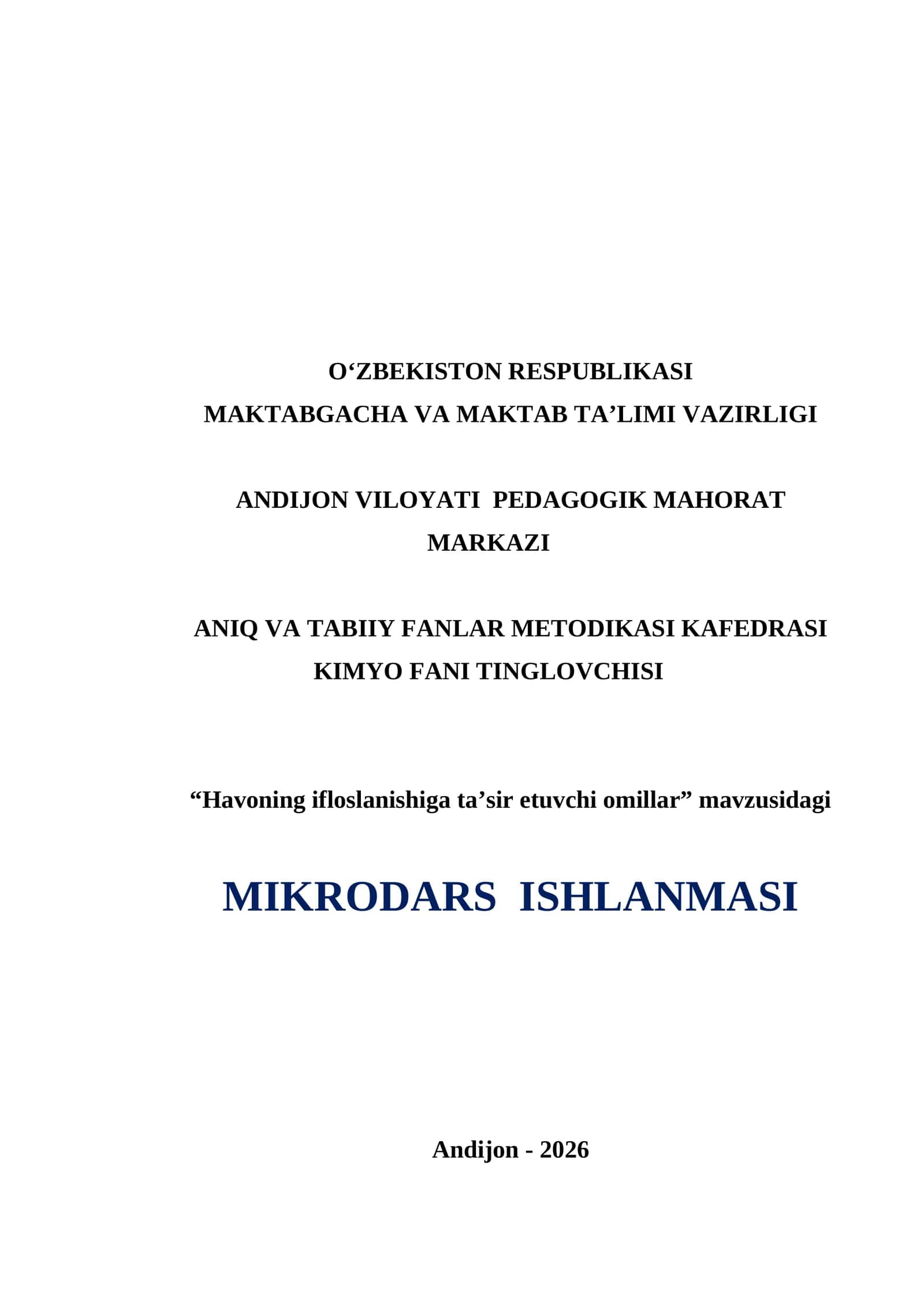 Havoning ifloslanishiga ta'sir etuvchi omillar.  dars ishlanma