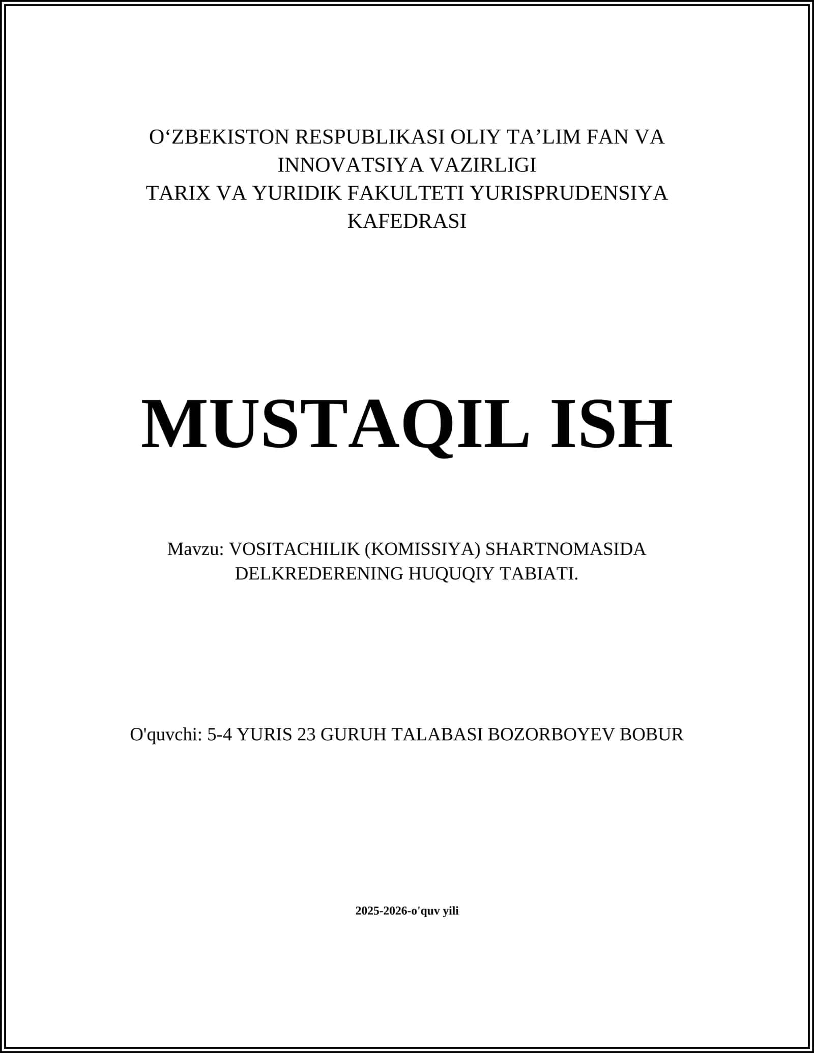 VOSITACHILIK (KOMISSIYA) SHARTNOMASIDA DELKREDERENING HUQUQIY TABIATI