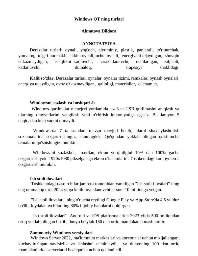 Windows OT ning turlari