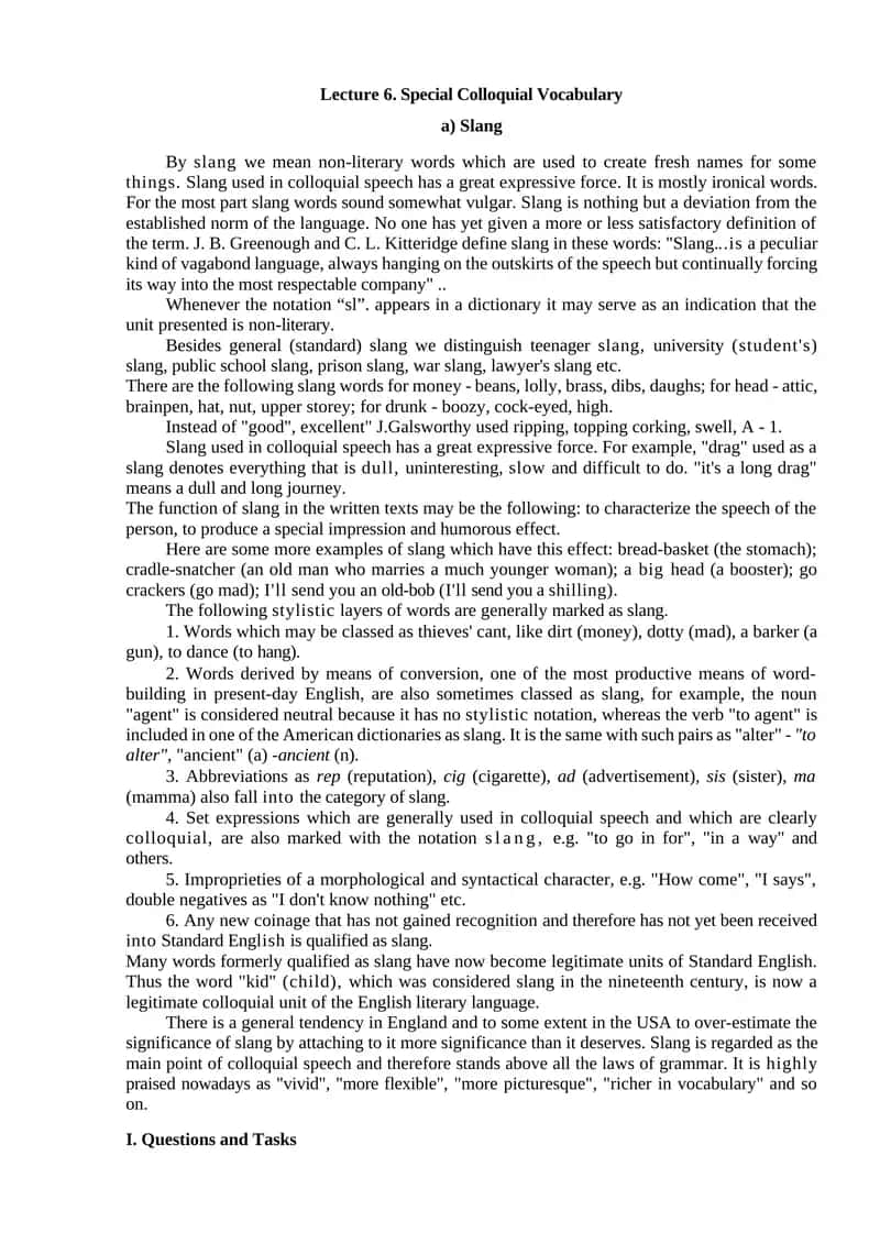 Lecture 6. Special Colloquial Vocabulary