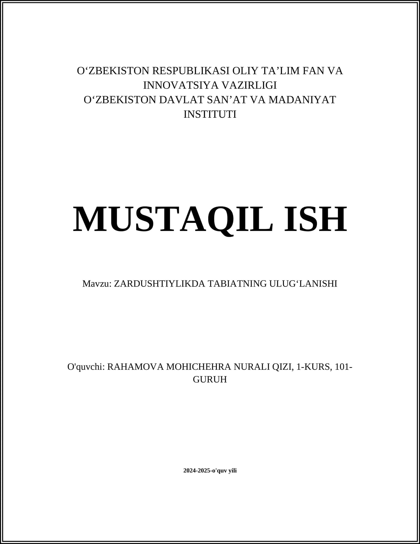 ZARDUSHTIYLIKDA TABIATNING ULUGʻLANISHI