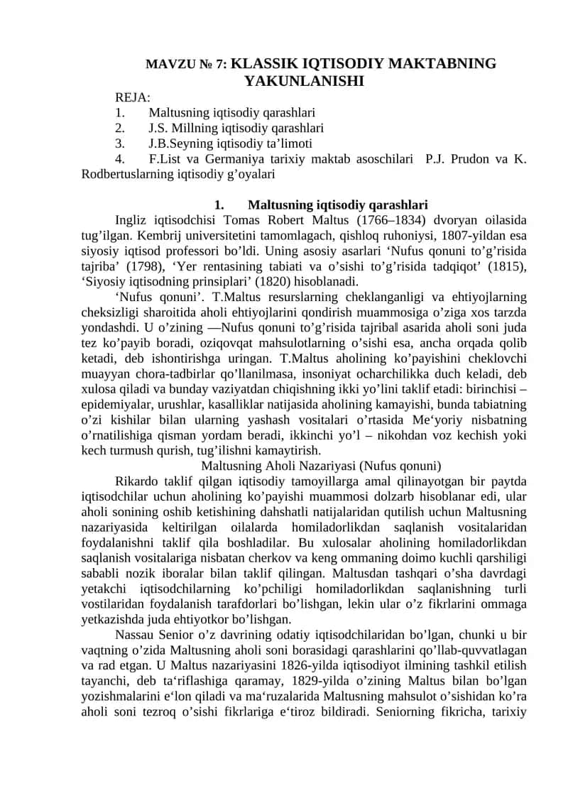 Maltusning iqtisodiy qarashlari