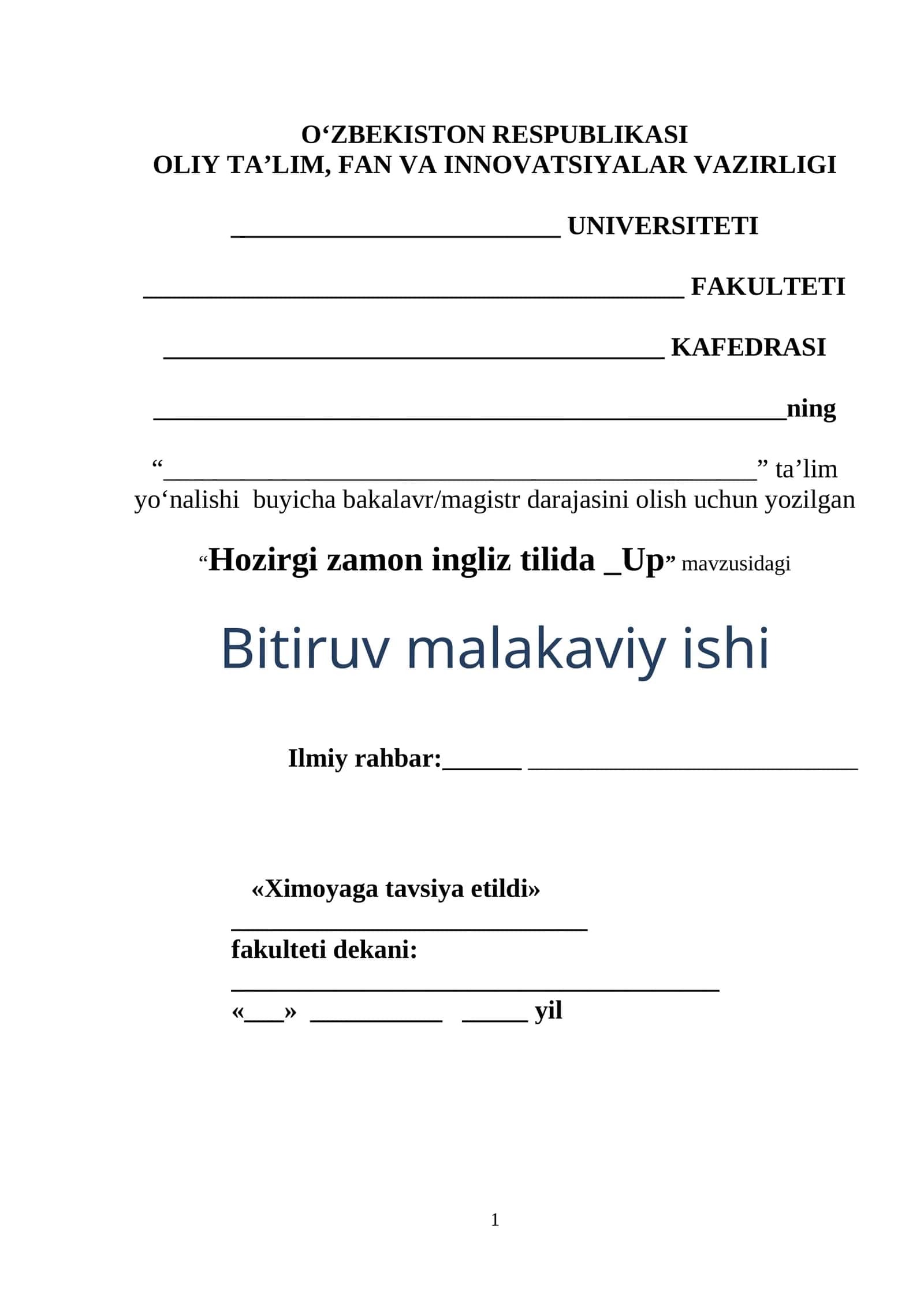 Hozirgi zamon ingliz tilida _Up” mavzusidagi Bitiruv malakaviy ishi