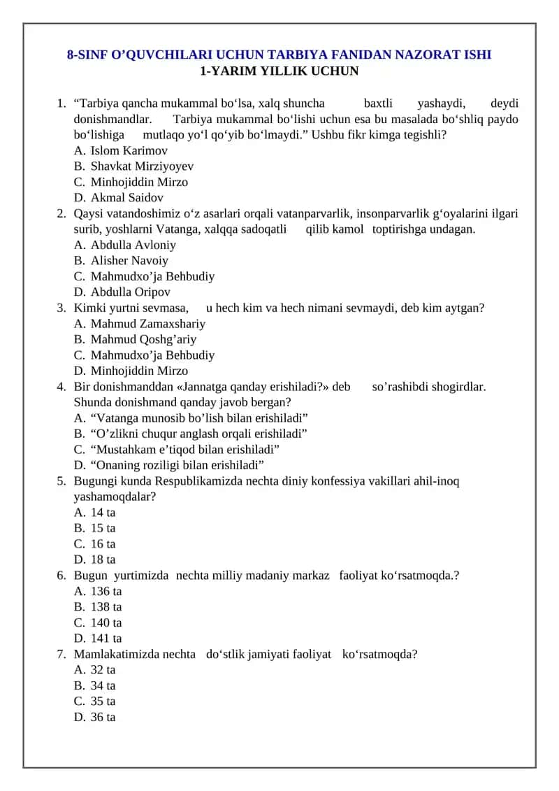8-SINF O’QUVCHILARI UCHUN TARBIYA FANIDAN NAZORAT ISHI