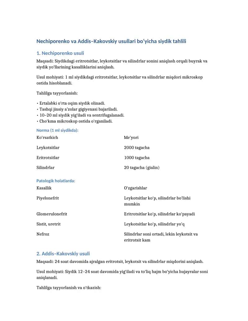 Nechiporenko va Addis Kakovskiy tekshirish usullari