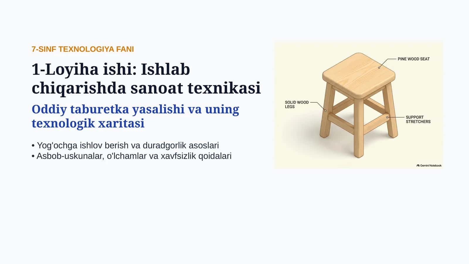 Ishlab chiqarishda sanoat texnikasi — Oddiy taburetka yasash va texnologik xarita | 10 slayd