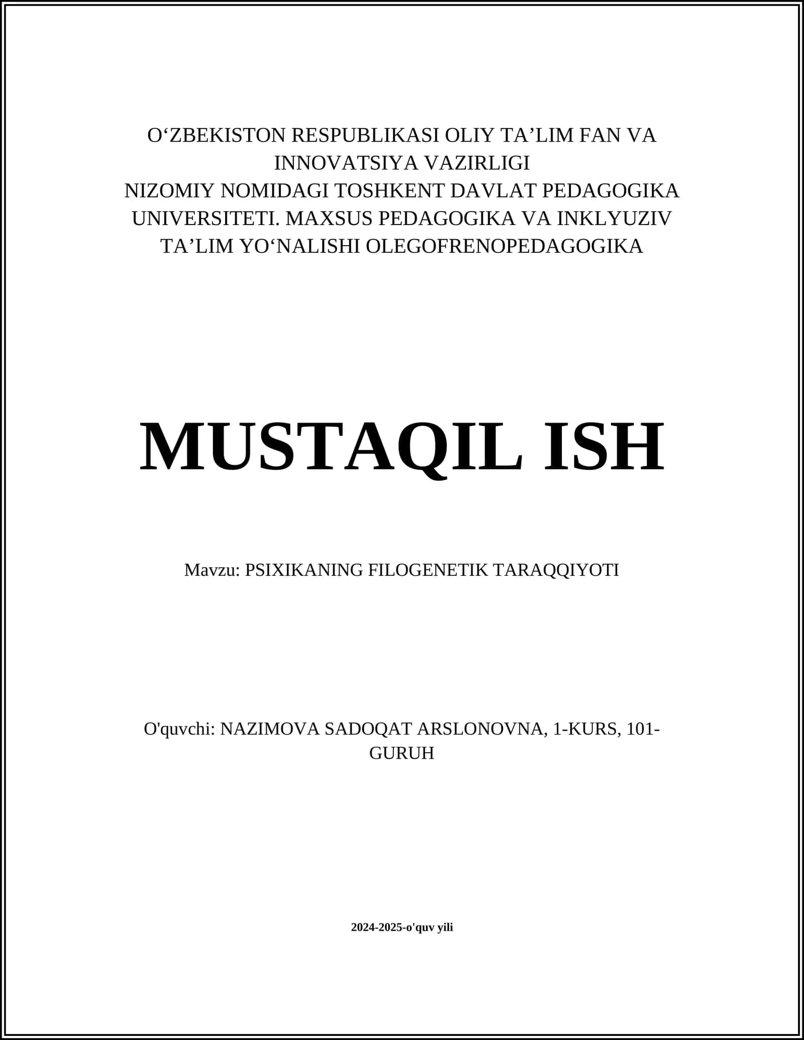 PSIXIKANING FILOGENETIK TARAQQIYOTI
