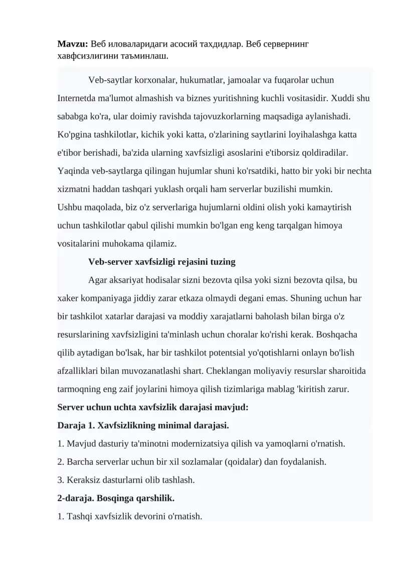 Веб иловаларидаги асосий тахдидлар. Веб сервернинг хавфсизлигини таъминлаш.