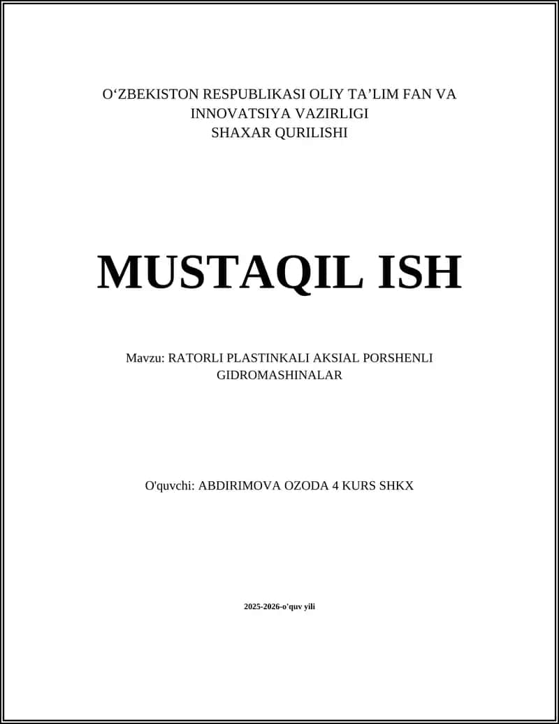 RATORLI PLASTINKALI AKSIAL PORSHENLI GIDROMASHINALAR