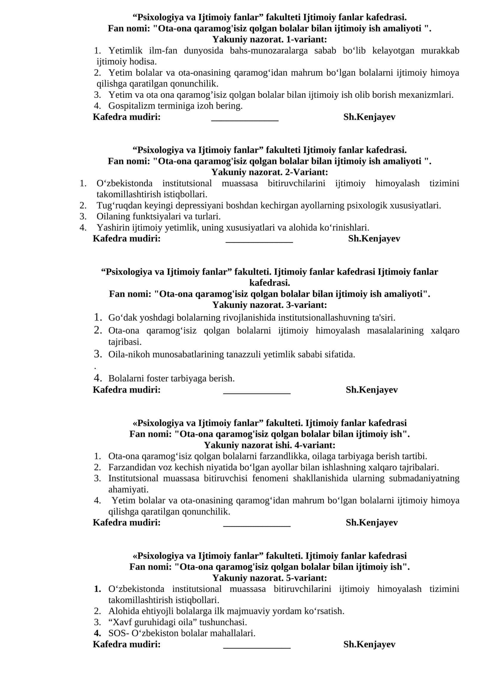 Ota-ona qaramog'isiz qolgan bolalar bilan ijtimoiy ish amaliyoti