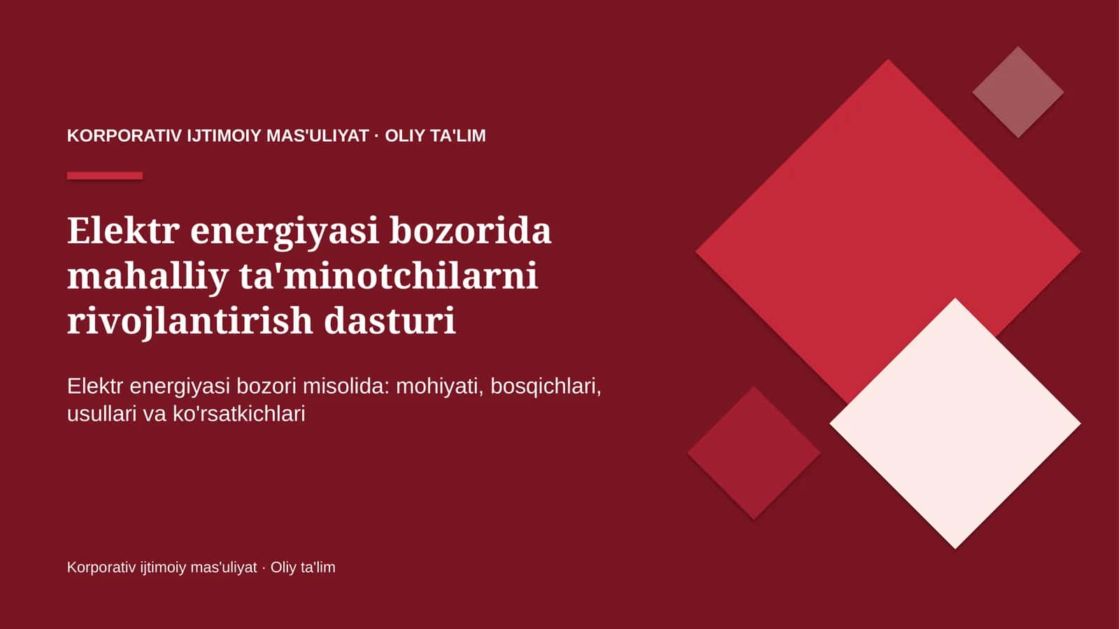 Elektr energiyasi bozorida mahalliy ta'minotchilarni rivojlantirish dasturi