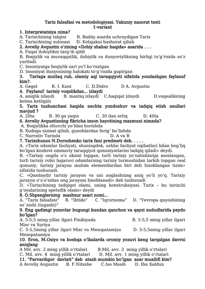 Tarix falsafasi va metodologiyasi. Yakuniy nazorat testi