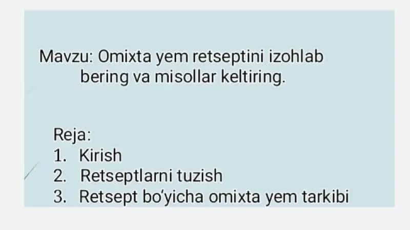 Omuxta yem retseptini tuzish va misollar keltirish