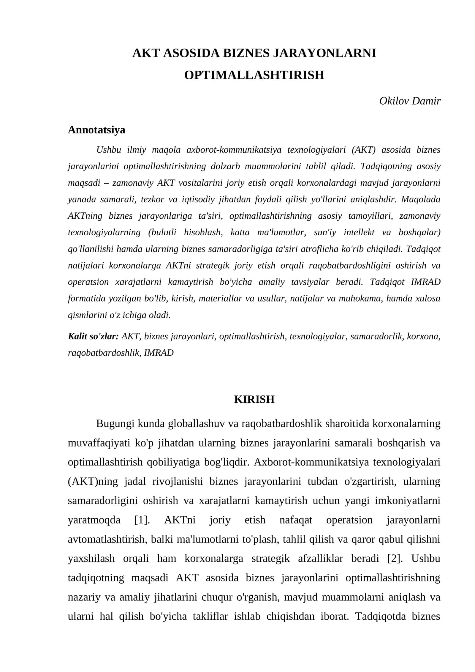 AKT ASOSIDA BIZNES JARAYONLARNI OPTIMALLASHTIRISH