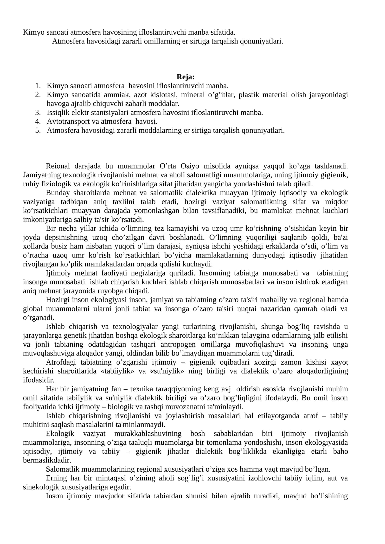 Kimyo sanoati atmosfera havosini ifloslantiruvchi manba sifatida