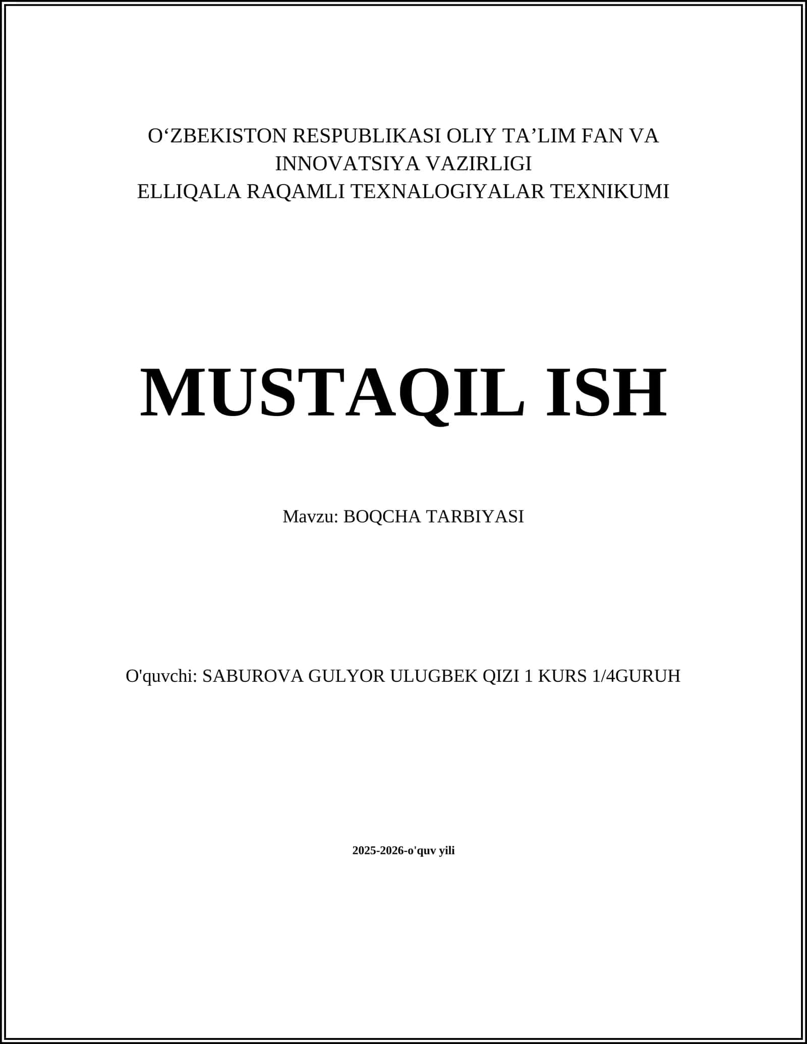 BOQCHA TARBIYASI