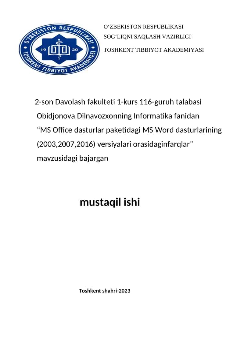 MS Office dasturlar paketidagi MS Word dasturlarining(2003,2007,2016) versiyalari orasidagi farqlar
