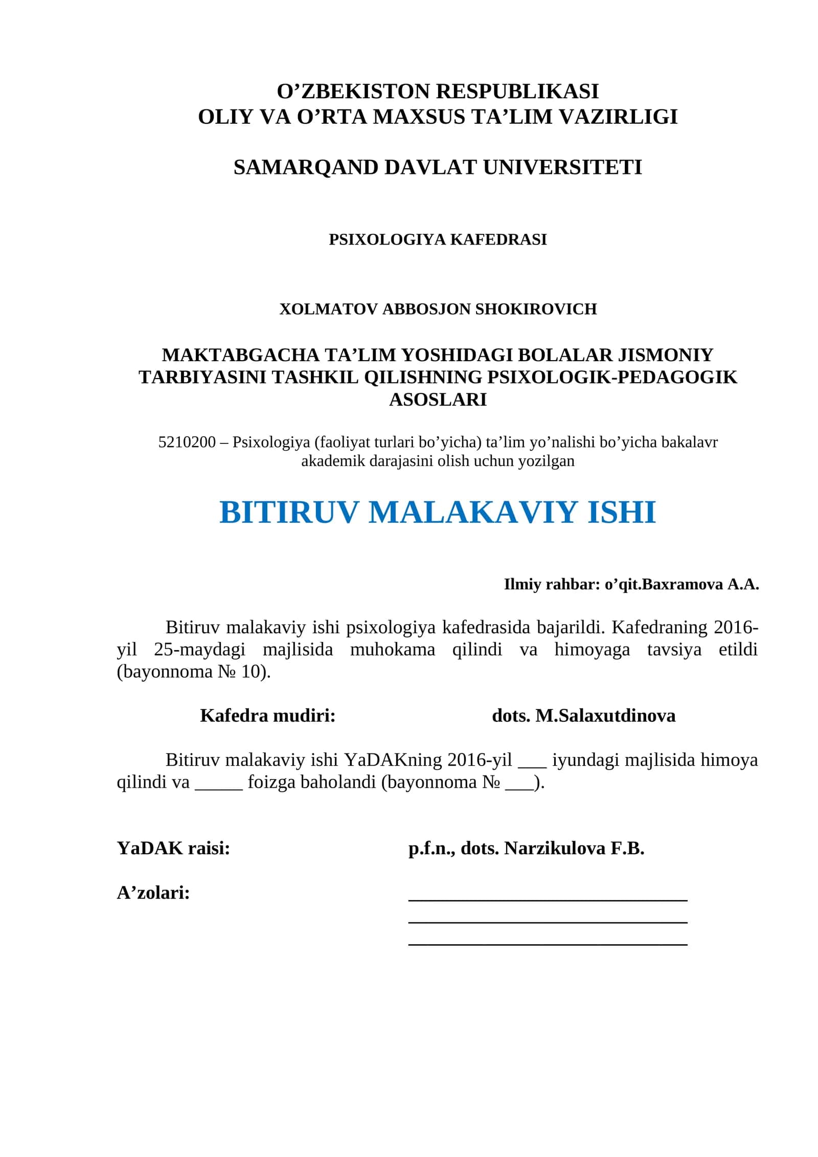 MAKTABGACHA TA’LIM YOSHIDAGI BOLALAR JISMONIY TARBIYASINI TASHKIL QILISHN