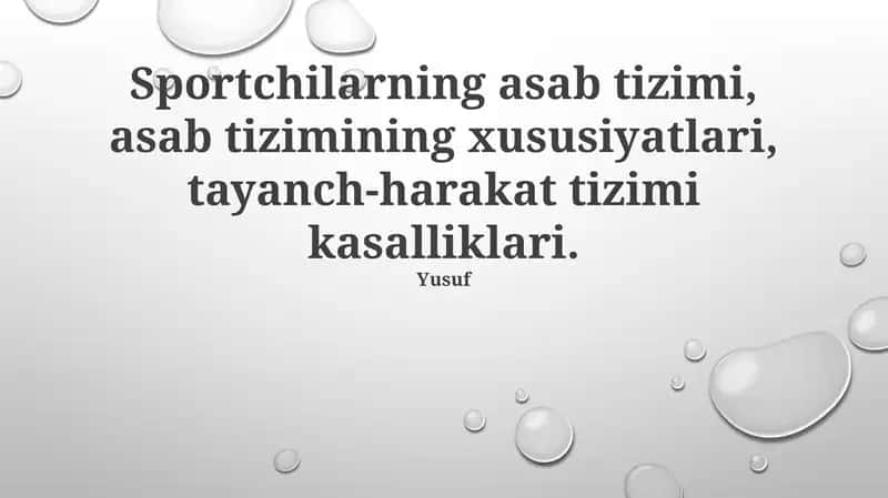 Sportchilarning asab tizimi, asab tizimining xususiyatlari, tayanch-harakat tizimi kasalliklari. Sportchining asab tizimining jarohat va mashg'ulotlarga reaksiyasi murakkab neyroximiyaviy jarayonlarni o'z ichiga oladi 1