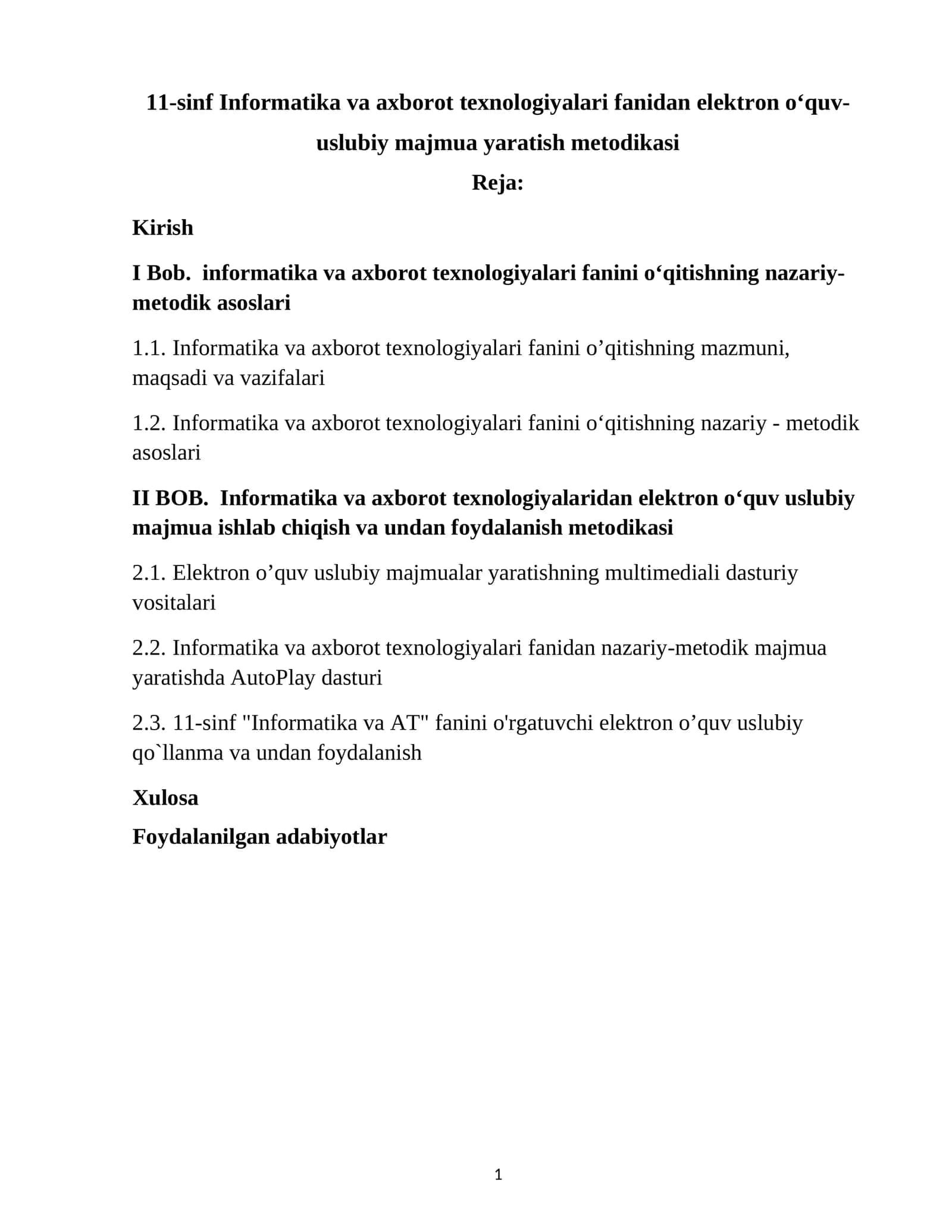 11-sinf Informatika va axborot texnologiyalari fanidan elektron o‘quv-uslubiy majmua yaratish metodikasi