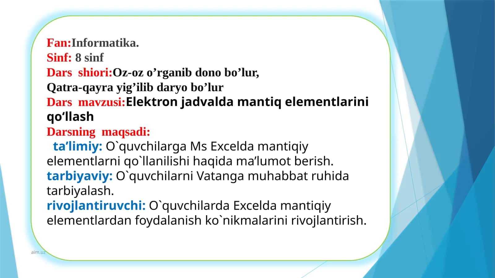 Elektron jadval va damaq elementlarini qo‘llash