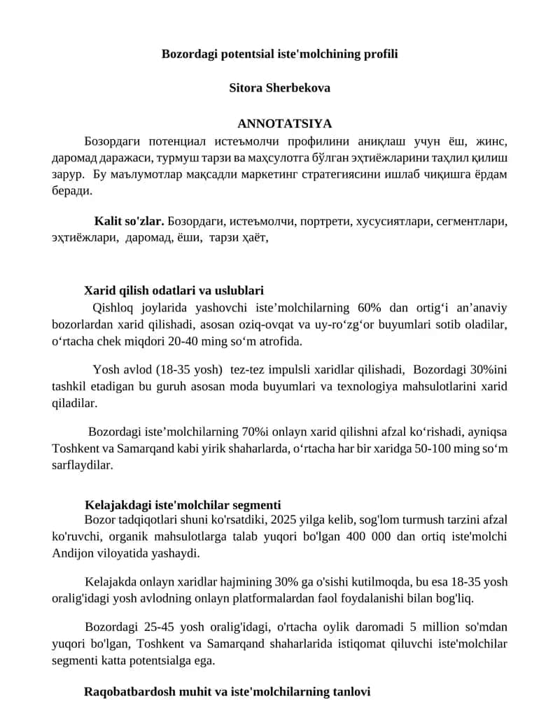 Bozordagi potentsial iste'molchining profili
