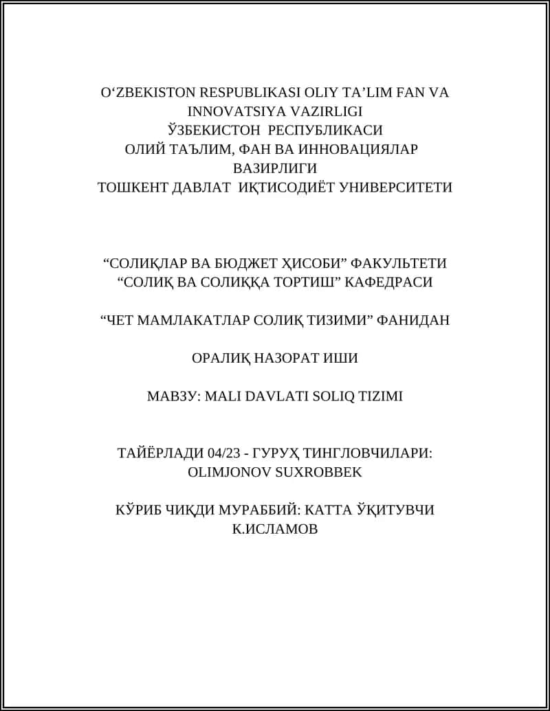 MALI DAVLATI SOLIQ TIZIMI