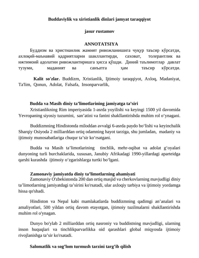 Buddaviylik va xiristianlik dinlari jamyat taraqqiyot
