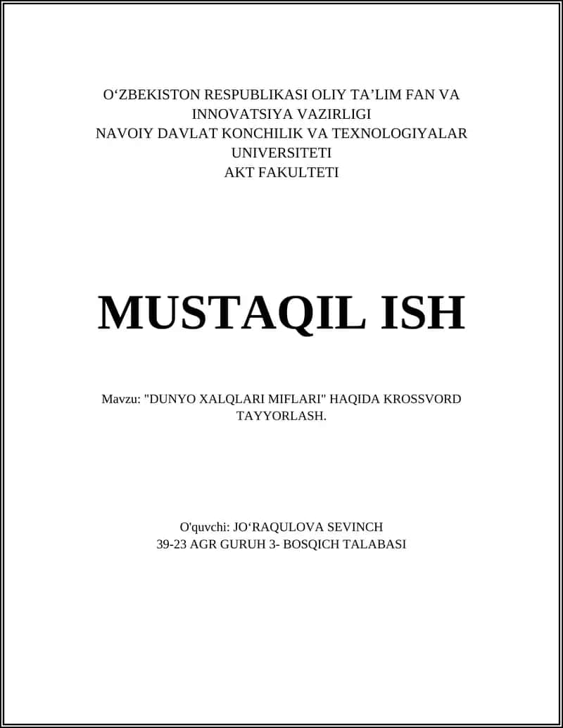 DUNYO XALQLARI MIFLARI KROSSVORD TAYYORLASH