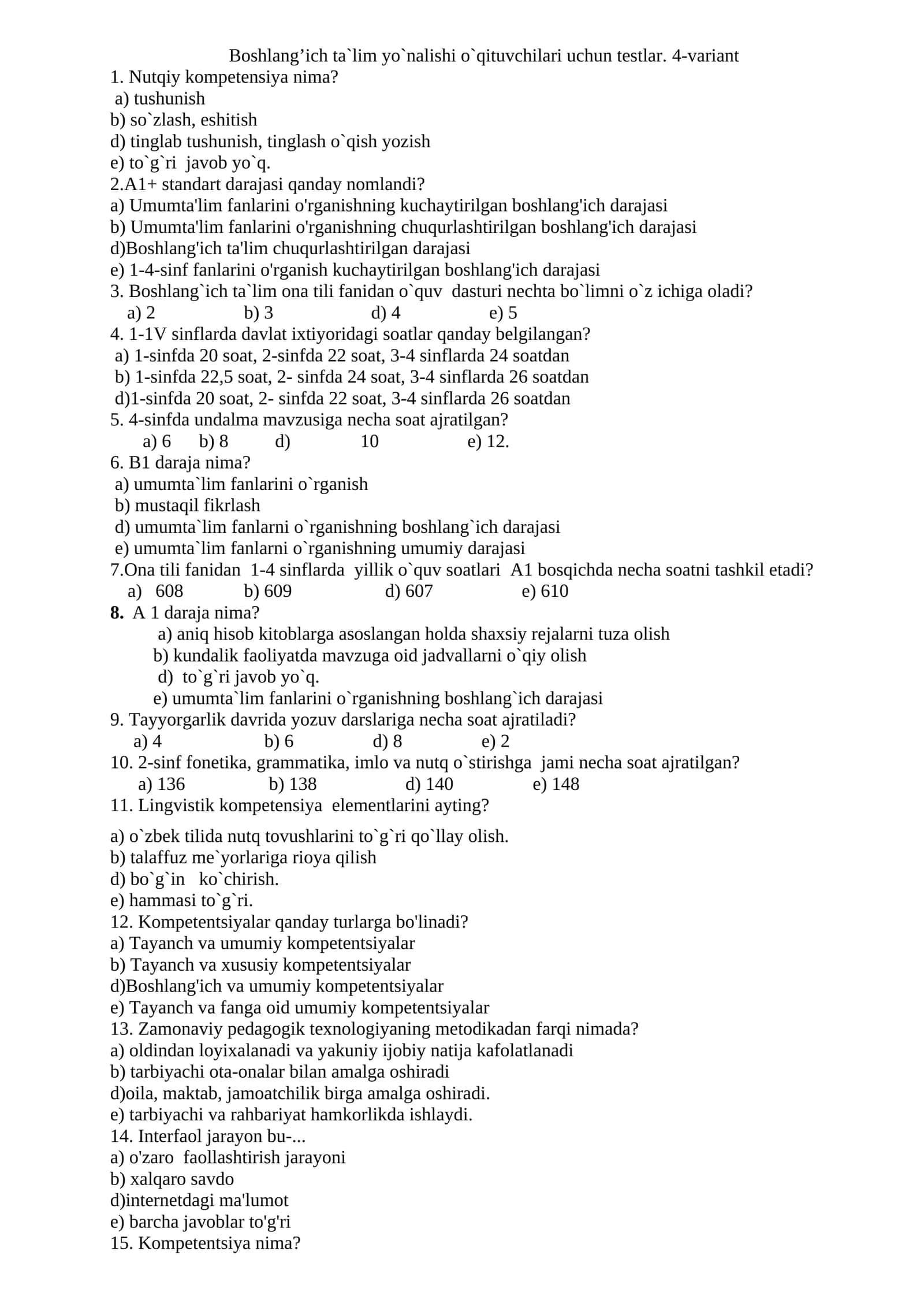 Boshlang’ich ta`lim yo`nalishi o`qituvchilari uchun testlar