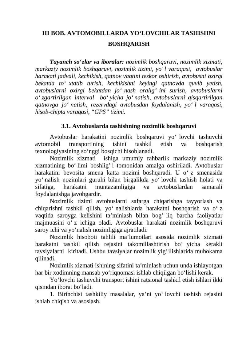 Avtobuslarda tashishning nozimlik boshqaruvi