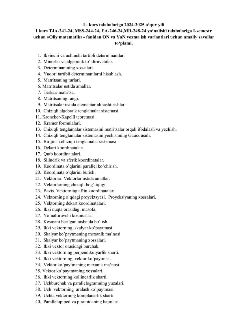 "Oliy matematika" fanidan ON va YaN yozma ish variantlari uchun amaliy savollar to‘plami