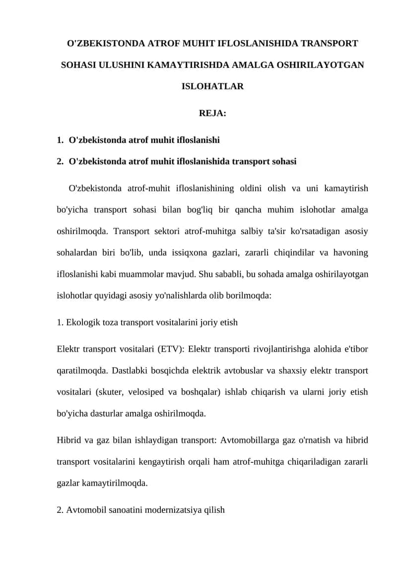 O'zbekistonda Atrof Muhit Ifloslanishida Transport Sohasi Ulushini Kamaytirishda Amalga Oshirilayotgan Ishlohatlar