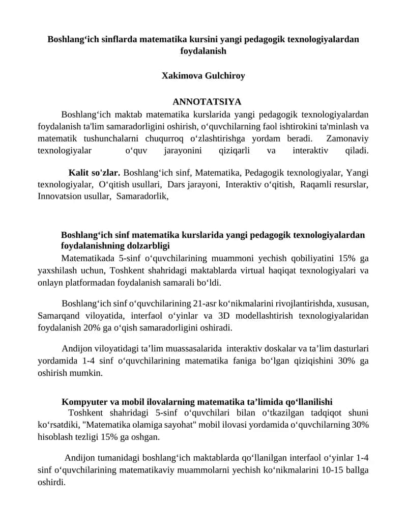 Boshlangʻich sinflarda matematika kursi