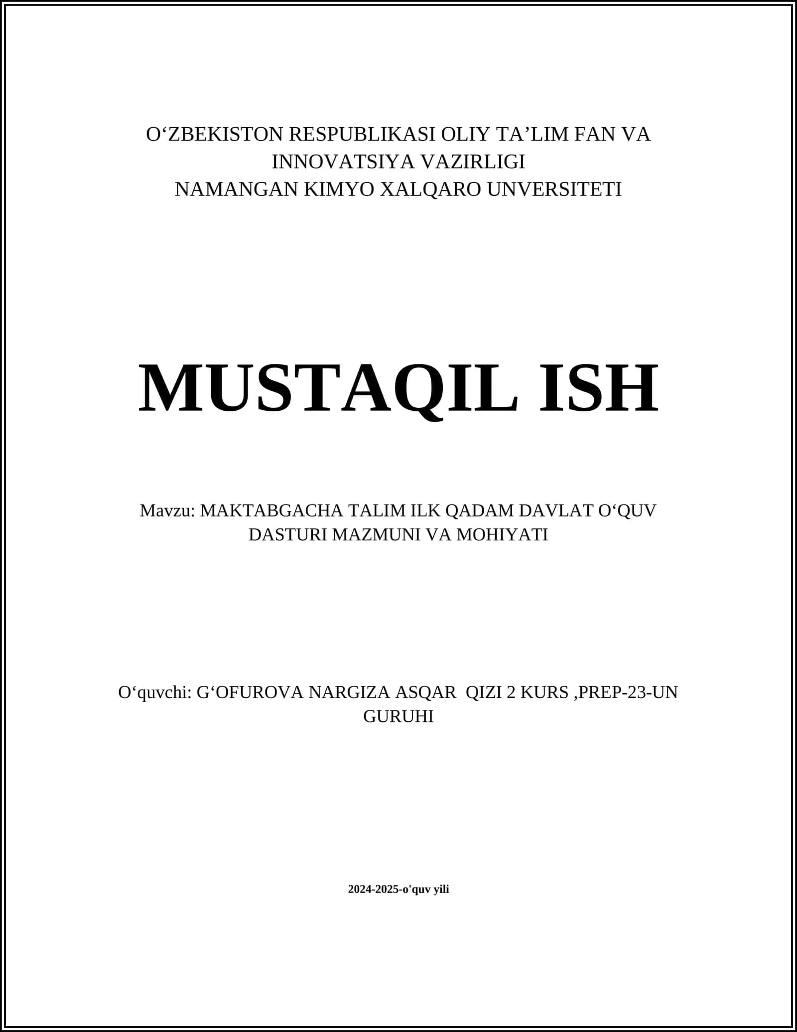 MAKTABGACHA TALIM ILK QADAM DAVLAT OʻQUV DASTURI MAZMUNI VA MOHIYATI