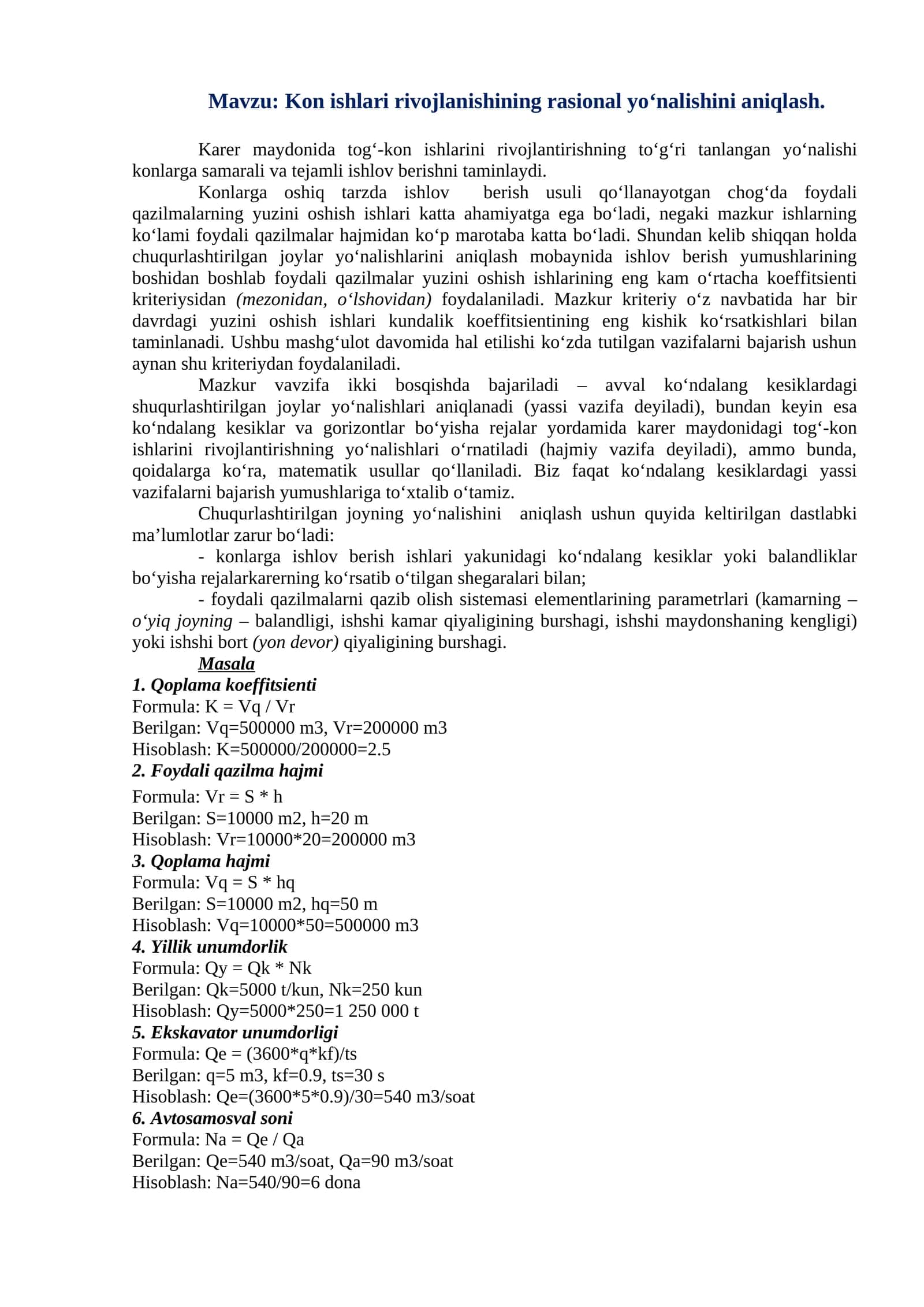 Kon ishlari rivojlanishining rasional yo‘nalishini aniqlash