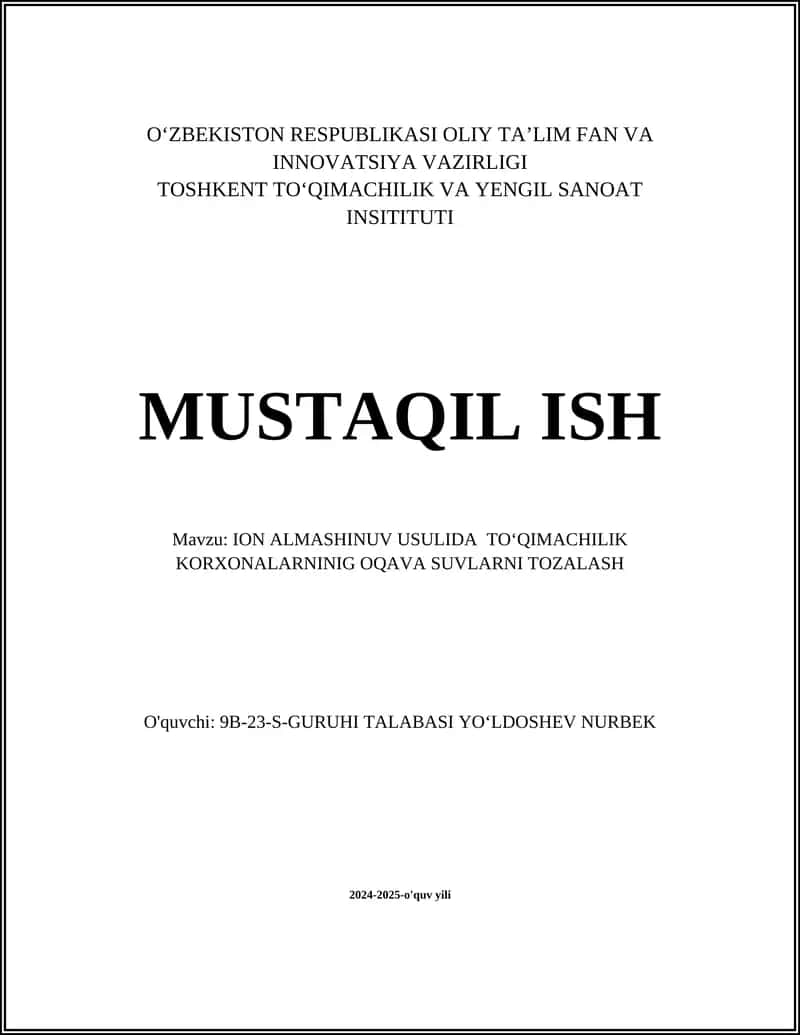 ION ALMASHINUV USULIDA TOʻQIMACHILIK KORXONALARNINIG OQAVA SUVLARNI TOZALASH