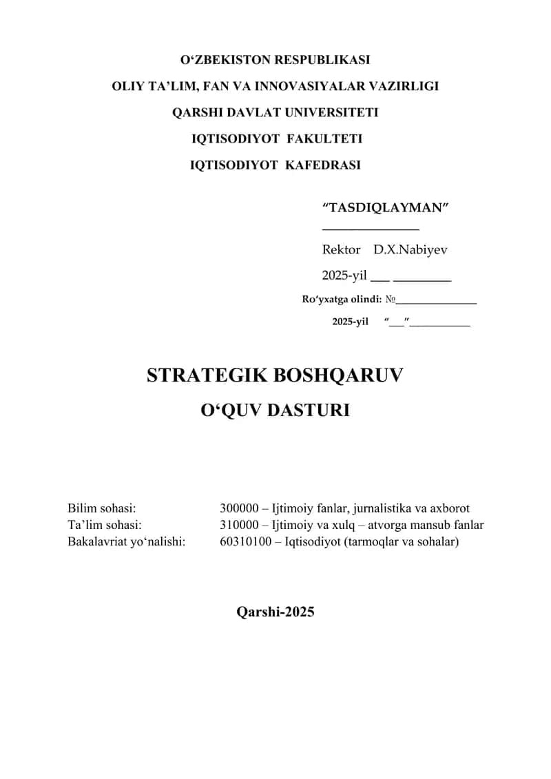 strategik boshqaruv fanidan Fan dasturi