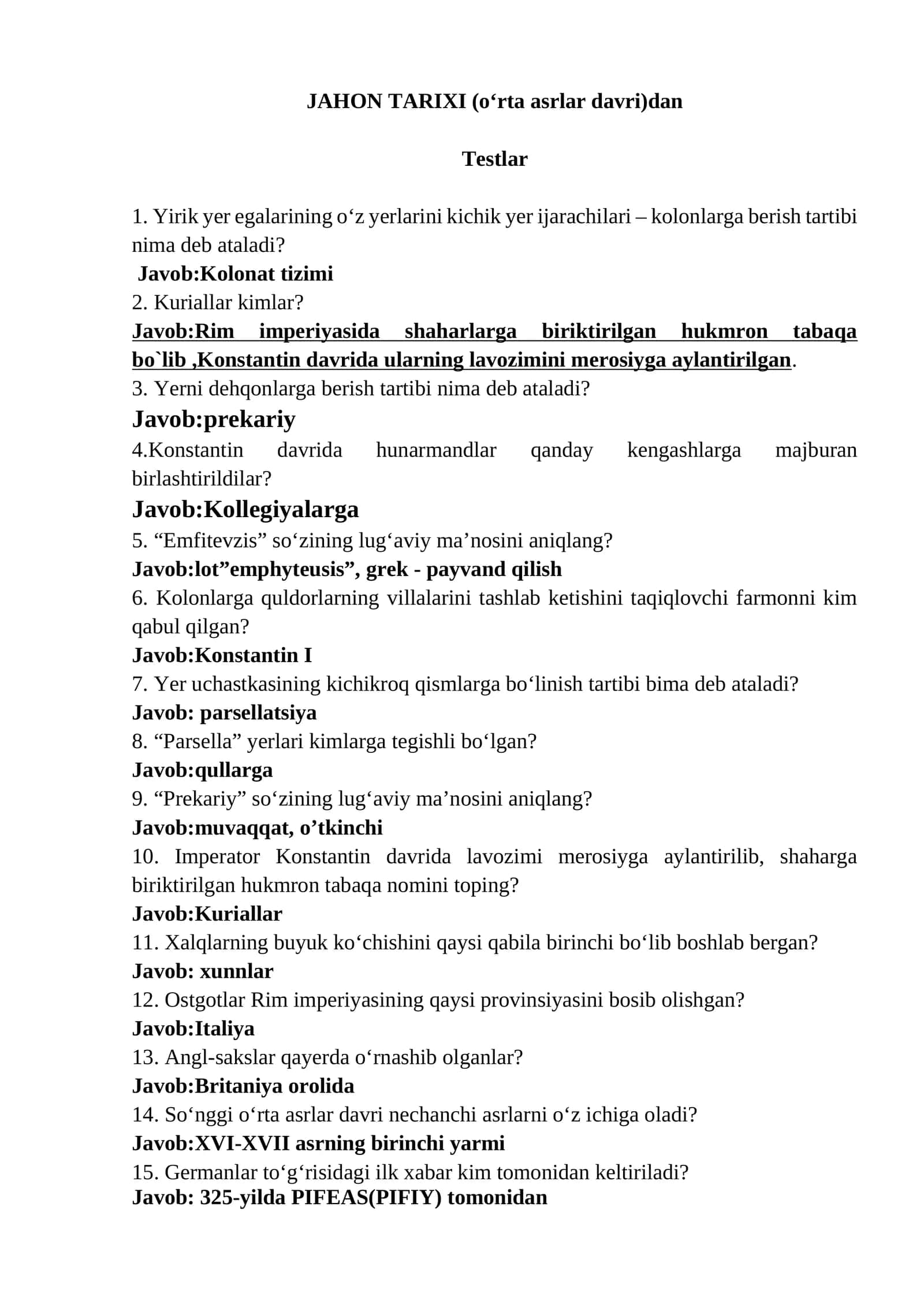 JAHON TARIXI (o‘rta asrlar davri)dan