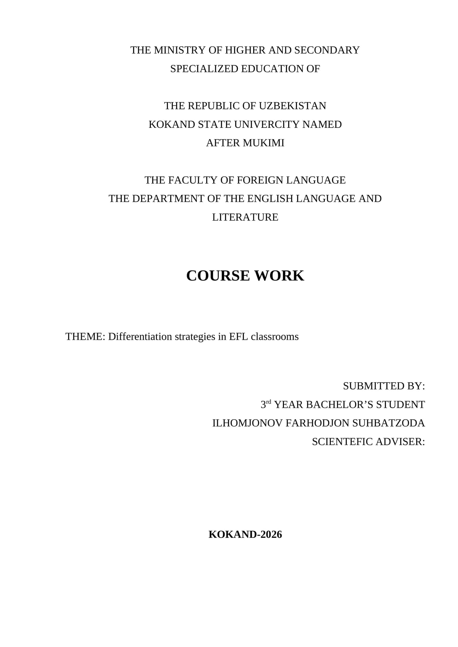 COURSE WORK: Differentiation strategies in EFL classrooms