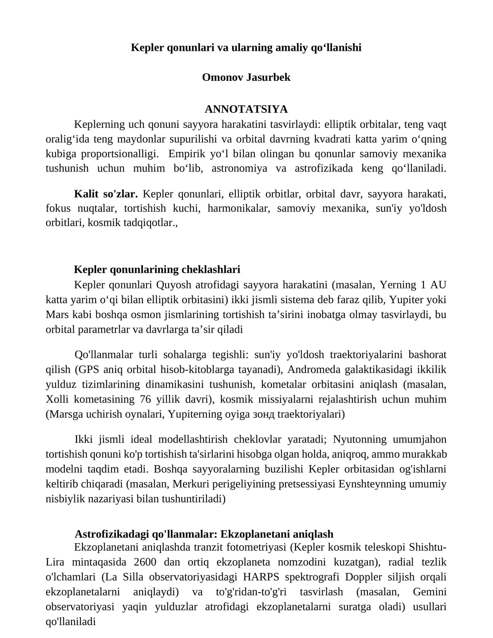 Kepler qonunlari va ularning amaliy qoʻllanishi