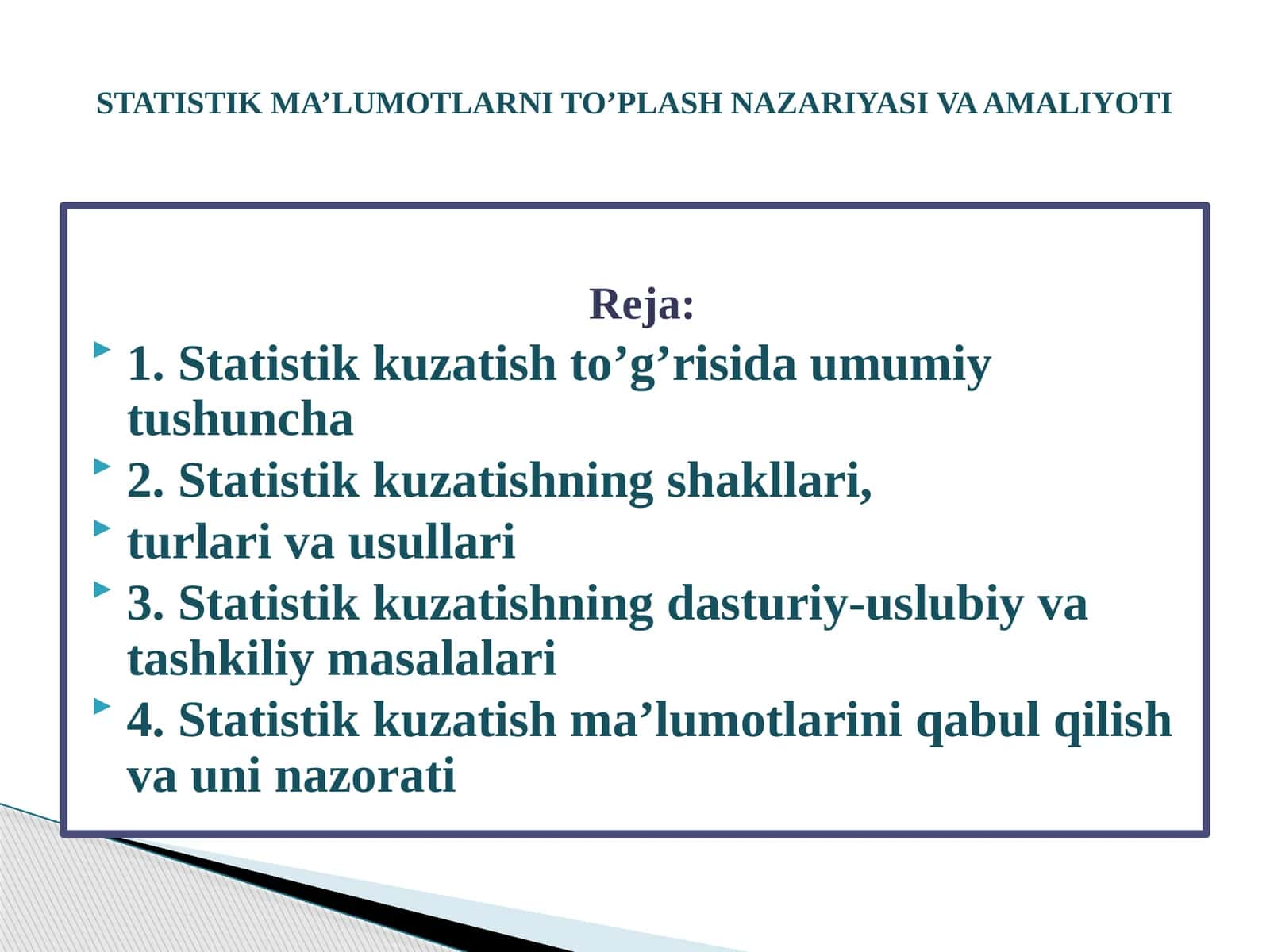 STATISTIK MA’LUMOTLARNI TO’PLASH NAZARIYASI VA AMALIYOTI
