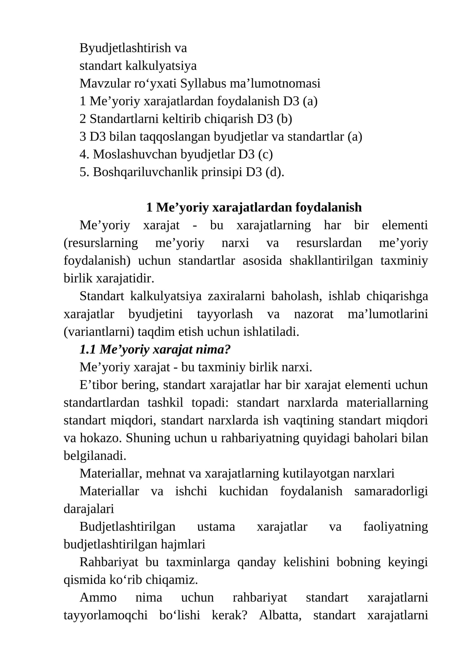 Byudjetlashtirish va standart kalkulyatsiya