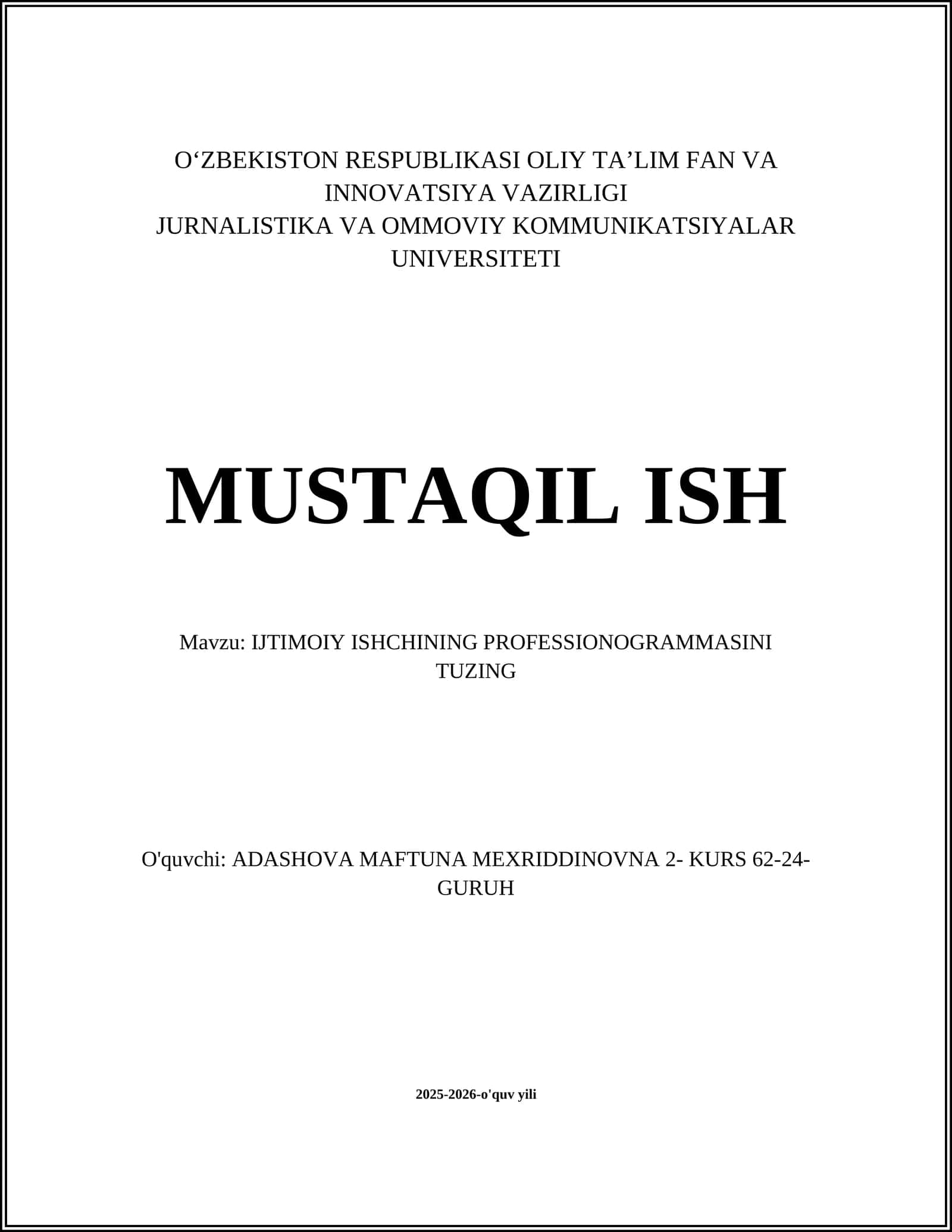 IJTIMOIY ISHCHINING PROFESSIONOGRAMMASINI TUZING
